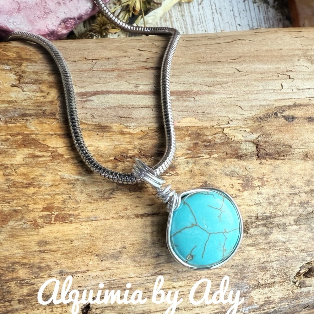 Turquoise Pendant And Chunky Silver Snake Chain Necklace 46$